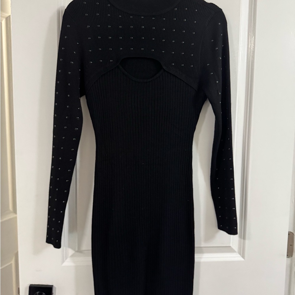 Macy's Black Long-Sleeve Ribbed Knit Dress with Stud Embellishments